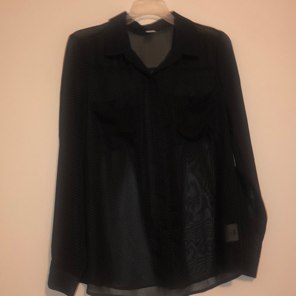 Black sheer blouse with white polka dots